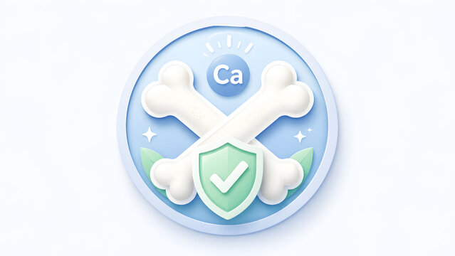 Soft 3D crossed bones icon with calcium symbol and shield. Concept of orthopedic nutritional supplement, veterinary pet healthcare, and skeletal biology.