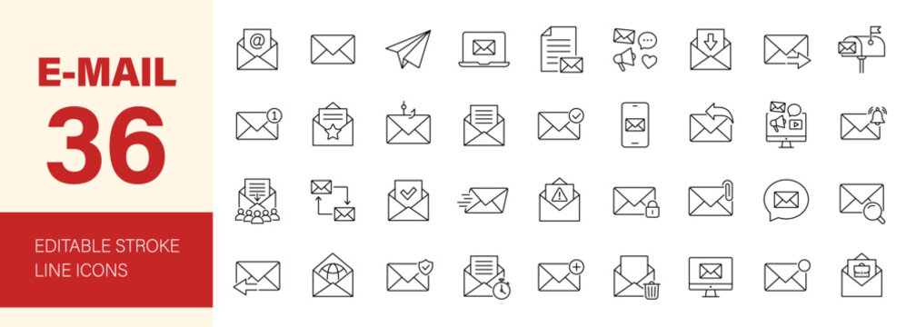 Email icon set. Editable line icons. Vector illustration.