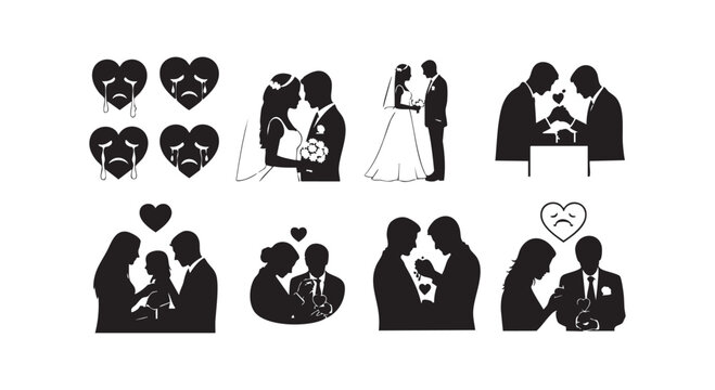 Detailed wedding couple silhouettes and crying heart icons showing love and heartbreak.