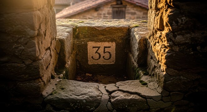 Number 35 engraved on an ancient stone wall