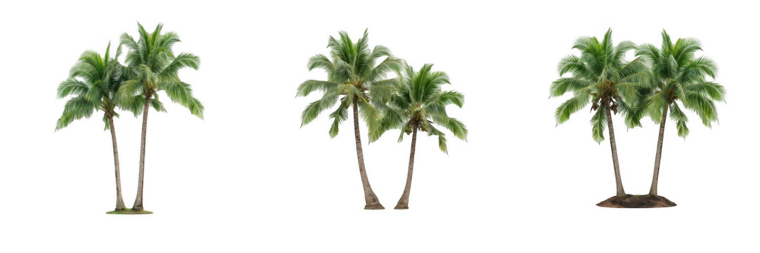 Twin coconut palm trees PNG collection, tropical green coconut trees with lush fronds clip art, summer beach landscape cutout elements, isolated natural flora design asset set