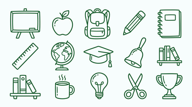 A comprehensive set of green line art icons illustrating various school supplies, educational tools, and learning symbols on a clean white background.