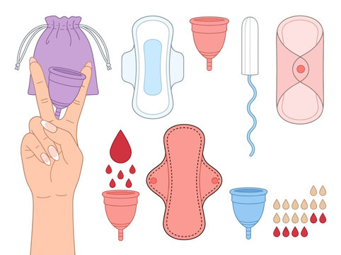 Menstrual Cycle Hygiene Products Vector Set: Menstrual Cups, Pads, Tampons, and Cloth Liners