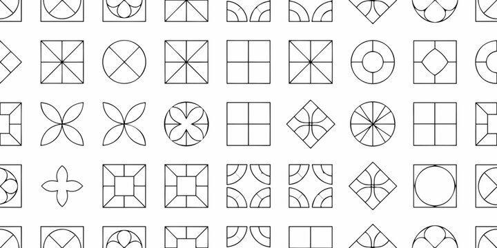 grid of minimalist geometric shapes on white background design layout simple forms abstract art black lines pattern symmetry triangle circle square diamond ellipse