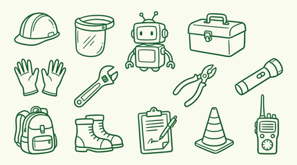 Fototapeta premium A collection of green doodle icons depicting various work tools, safety equipment, and industrial items like a hard hat, robot, wrench, and traffic cone.