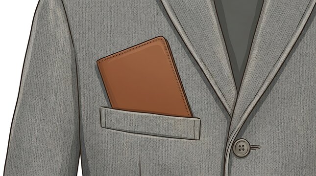Brown leather wallet in gray suit jacket breast pocket