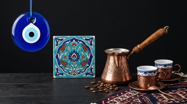 traditional Turkish cultural items, showcasing a vibrant blue glass Evil Eye Nazar amulet, an ornate ceramic Iznik tile, and a copper Turkish coffee pot cezve with matching cups, rich colors, solid bl