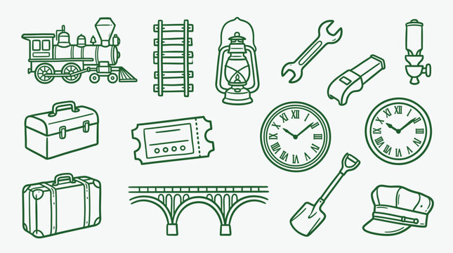 Collection of vintage railway and train related line art icons including locomotive, tracks, tools, luggage, and accessories.