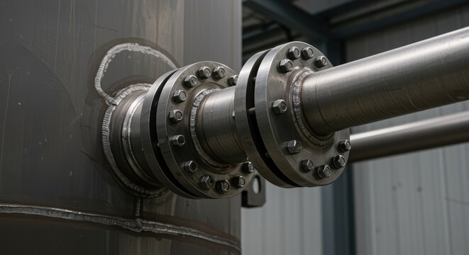 Industrial pipe flange connection with bolts and metal surface close up