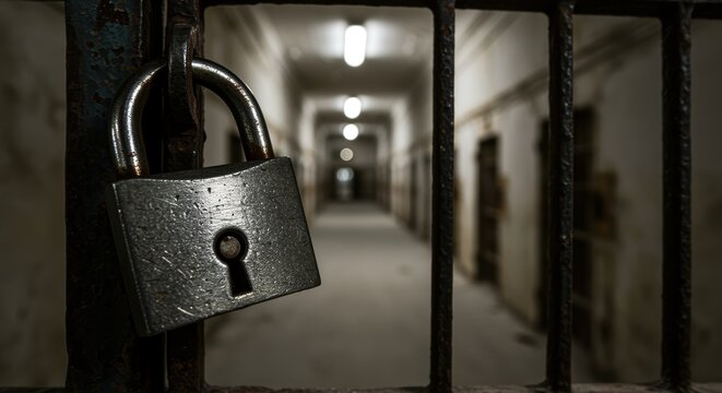 Padlock secured on metal gate protecting corridor with prison cells