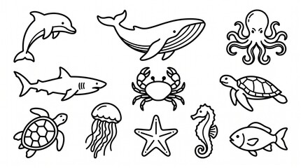 Obraz premium Vector pack sea animals black li…