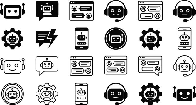 AI Chatbot and Virtual Assistant Icon Set Featuring Robot Avatars Customer Support Headsets Message Bubbles and Mobile Interface Graphic Vector Elements