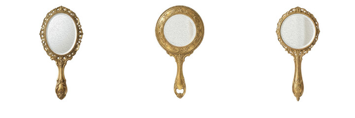 Vintage gold hand mirror PNG collection, antique ornate handheld mirrors with decorative frames clip art, classic vanity cutout elements, isolated retro makeup design asset set © Army