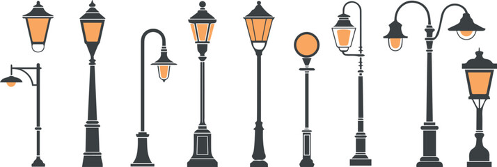 Street Lamp Icons Set Vintage Park Lighting Poles Collection © Icon Stock