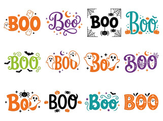 Fototapeta premium Halloween celebration spooky text bundle with ghosts, colorful vector typography illustration set on white background.