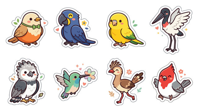 Colorful kawaii bird stickers featuring various species for decoration