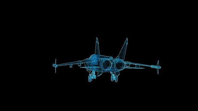 Detailed 3D HUD wireframe attack aircraft with 360-degree rotation, futuristic holographic blueprint for aviation and military visualization.