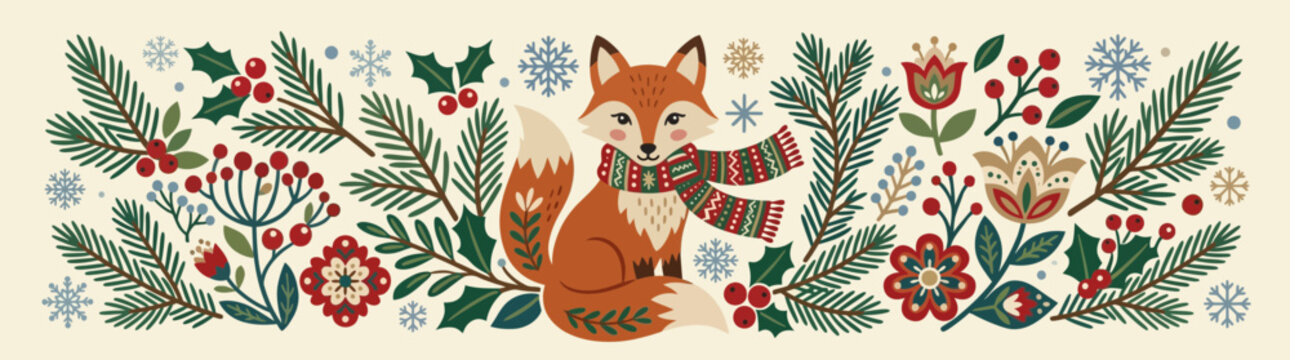 Cute Fox with Scarf in Folk Art Winter Forest Border