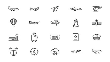 Collection of Various Travel and Transportation Related Line Icons with Transparent Background © Kristen 