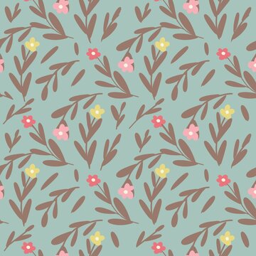 Charming botanical seamless pattern with minimalist blossoms on pastel green background.