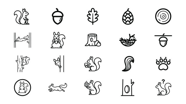 Collection of minimalist line art icons featuring squirrels and forest nature elements on transparent background