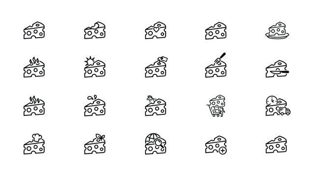 Collection of creative cheese icons with various fun and expressive designs for food illustrations and graphic projects