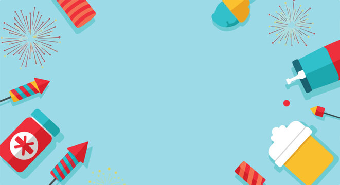 A festive light blue background featuring colorful flat vector illustrations of fireworks, rockets, and party poppers around the borders.