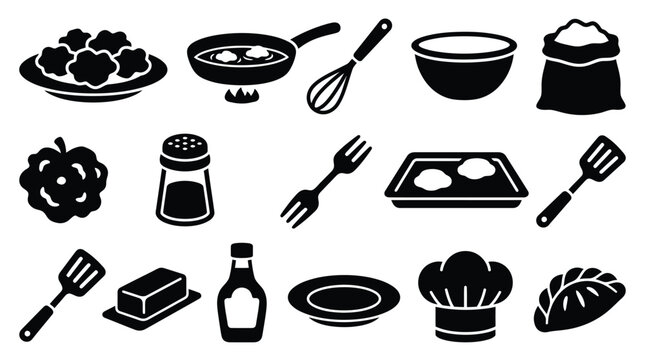 Collection of cooking and food-related icons in a simple black and white silhouette style.