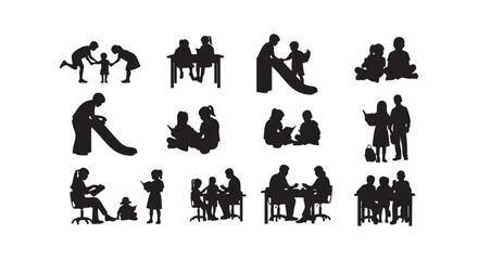 Fototapeta premium Education and learning silhouettes children reading books at school.
