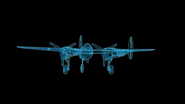 Detailed 3D HUD wireframe attack aircraft with 360-degree rotation, futuristic holographic blueprint for aviation and military visualization.