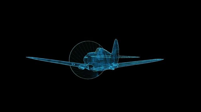 Detailed 3D HUD wireframe attack aircraft with 360-degree rotation, futuristic holographic blueprint for aviation and military visualization.
