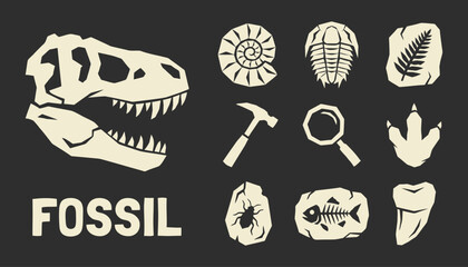Prehistoric fossil collection icons including dinosaur skull and tools for science education © SnackInk