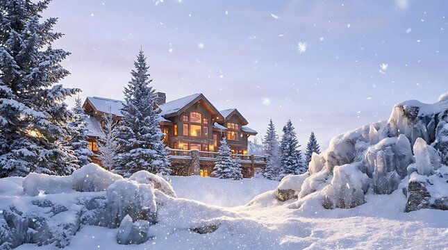 Cozy winter lodge scene with snowfall and evergreen trees