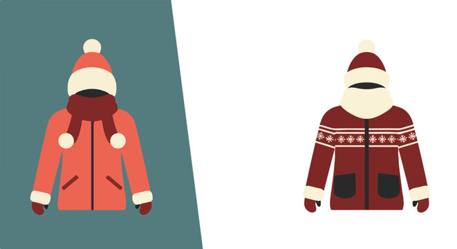This illustration showcases two distinct sets of cozy winter attire including jackets, beanies, scarves, and mittens for cold weather fashion.