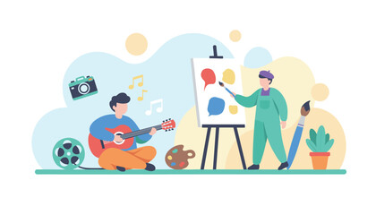 Fototapeta premium Artistic people engaged in creative hobbies like playing guitar and painting on canvas inside an art studio.