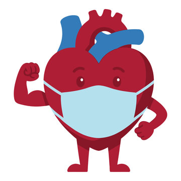 Cartoon heart wearing medical face mask flexing arm muscles strong healthy symbol icon