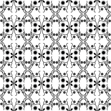 Black and white seamless floral damask pattern with ornate swirls and abstract botanical elements for elegant vintage designs