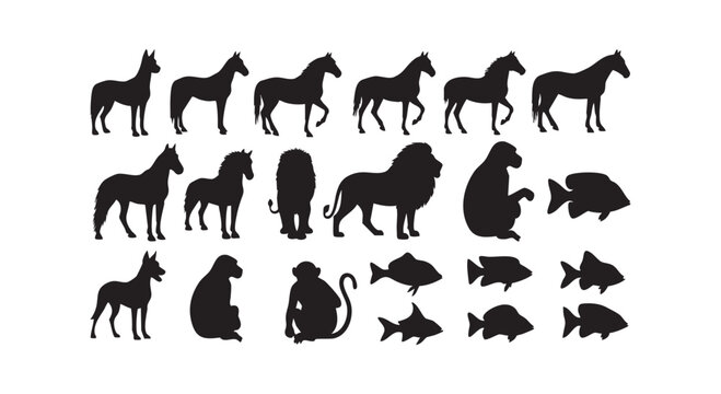 Majestic animal silhouettes of horses lions monkeys and fish for artistic use.