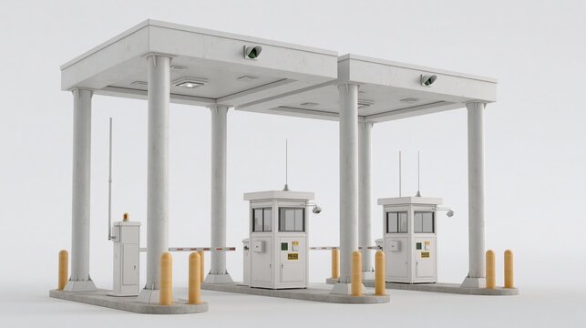 Double lane police security checkpoint toll station booth with barrier gates and yellow bollards isolated on plain white background represents border access control