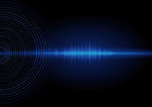 Abstract blue sound wave and concentric circles on black background