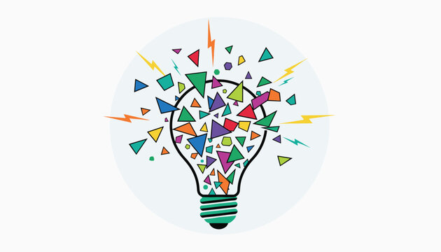 Conceptual lightbulb exploding with a vibrant burst of colorful geometric triangles, representing creative ideas.