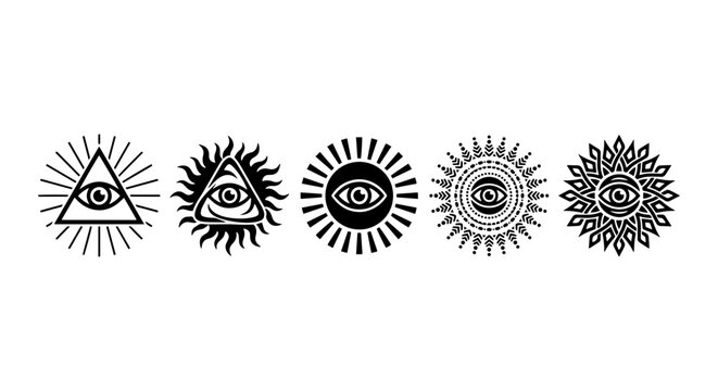 Mysterious Eye Symbols, Sacred Geometry Icons, Esoteric Sun Designs, Occult All Seeing Eye Vector Set