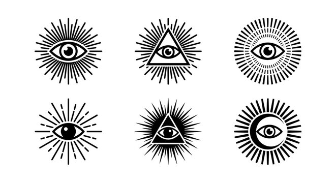 Mystical Eye Symbols, All-Seeing Eye Icons, Esoteric Sunburst Designs, Spiritual Insight Graphics