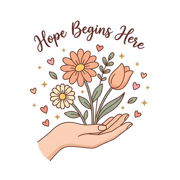 Hand holding flowers with hope begins here text