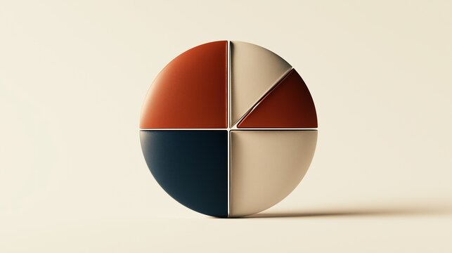 Four section textured leather like circular pie chart split into different warm tone pieces on plain light background represents four part data division and business statistics