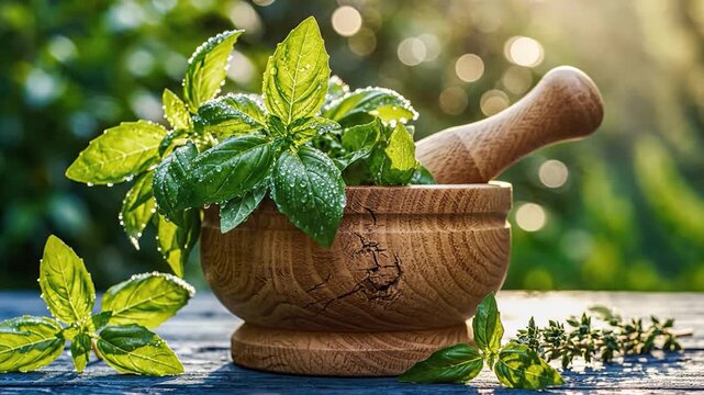 Fresh basil leaves with water droplets in wooden mortar and pestle in sunny garden