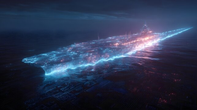 Futuristic Autonomous Carrier Ship Navigating Digital Data Ocean with Glowing Cyan Energy Waves