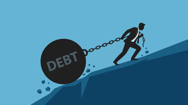 Financial burden and debt concept, man pulling heavy ball uphill