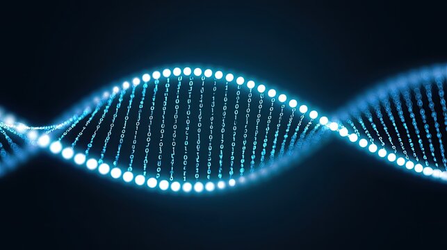 Glowing blue DNA helix composed of digital particles against a dark background
