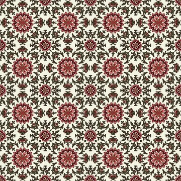 Seamless vintage damask pattern with intricate red floral mandalas and green vines. Luxury classic fabric design perfect for elegant wallpaper, textiles, and antique decor.